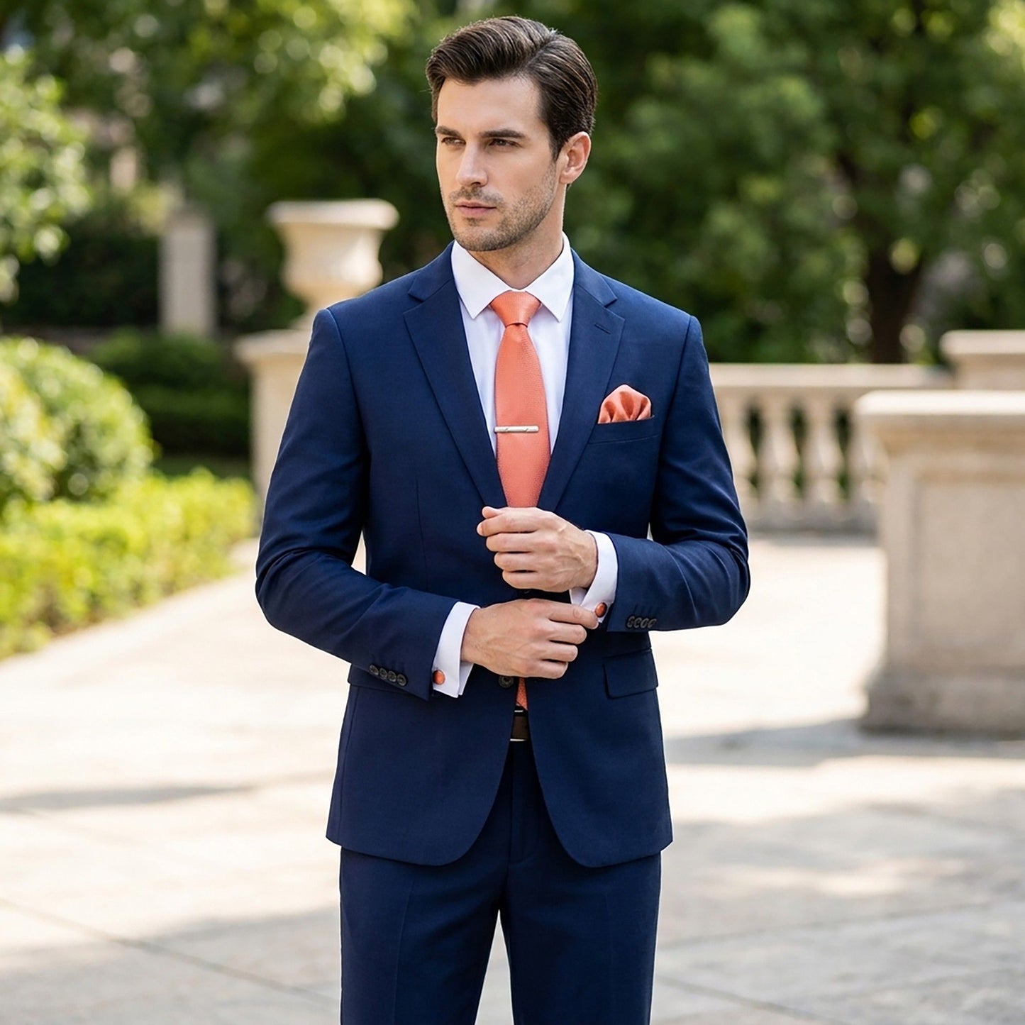 Men's Textured Solid Color Tie Gift Set with Matching Pocket Square Cufflinks and Silver Tie Clip