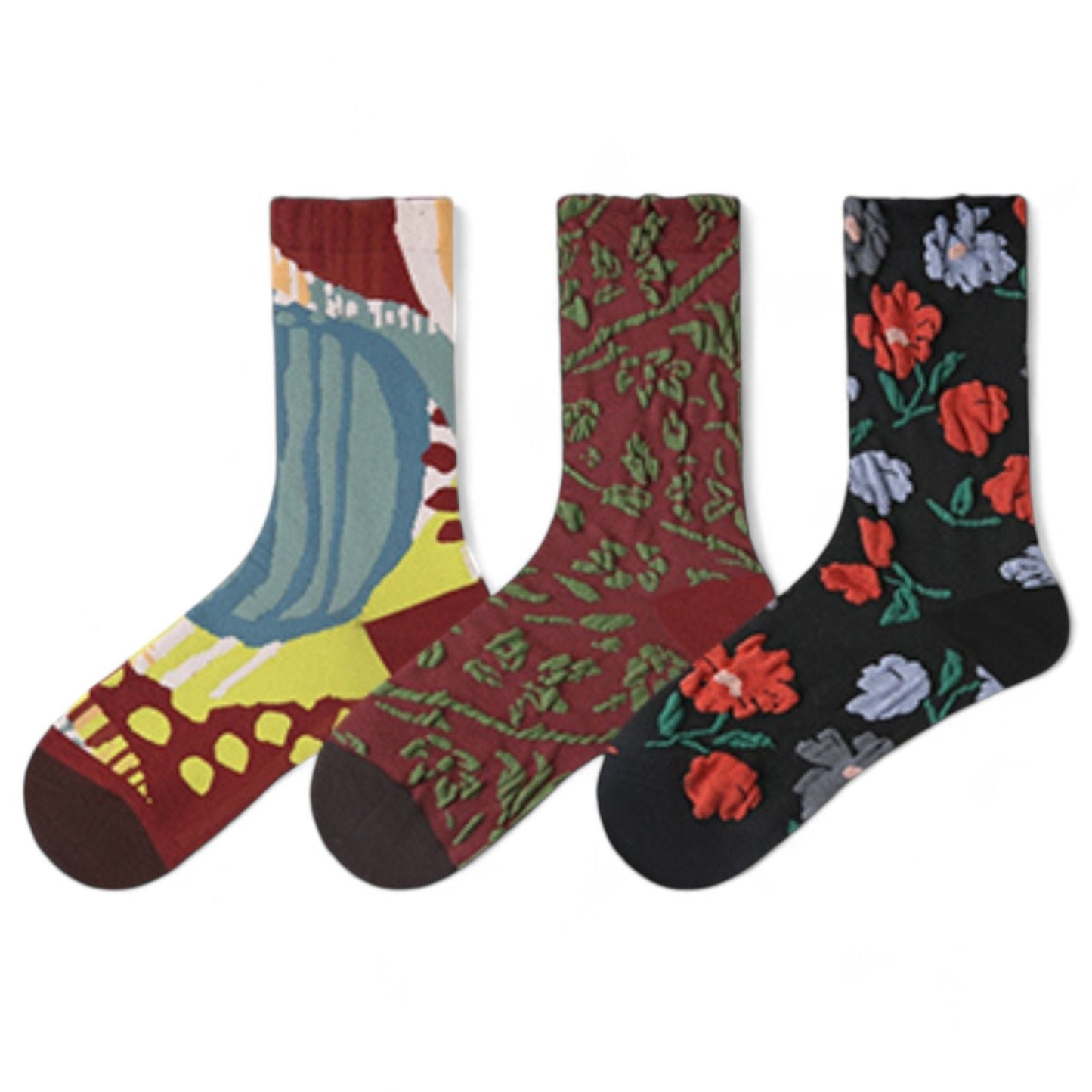 Women's 3-Pack Patterned Crew Socks with Vintage Embroidered Floral and Abstract Prints