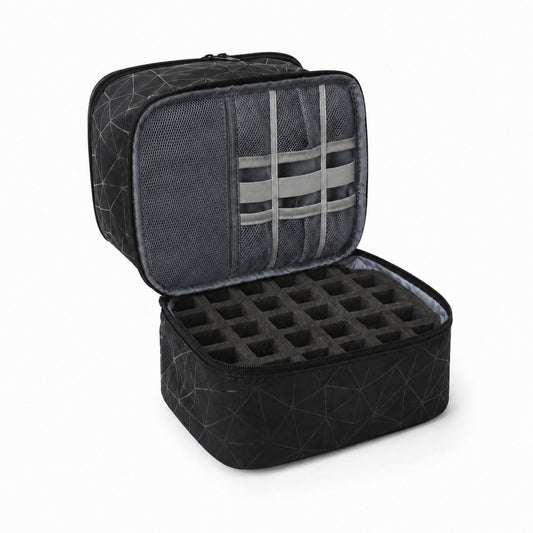 Two-Tier Cosmetic Organizer Bag with Geometric Print Dual Zippers Carry Handle and Interior Pockets