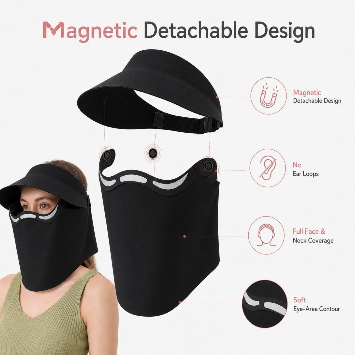 Magnetic Detachable Face Cover Visor Hat with Wide Brim and Neck Coverage