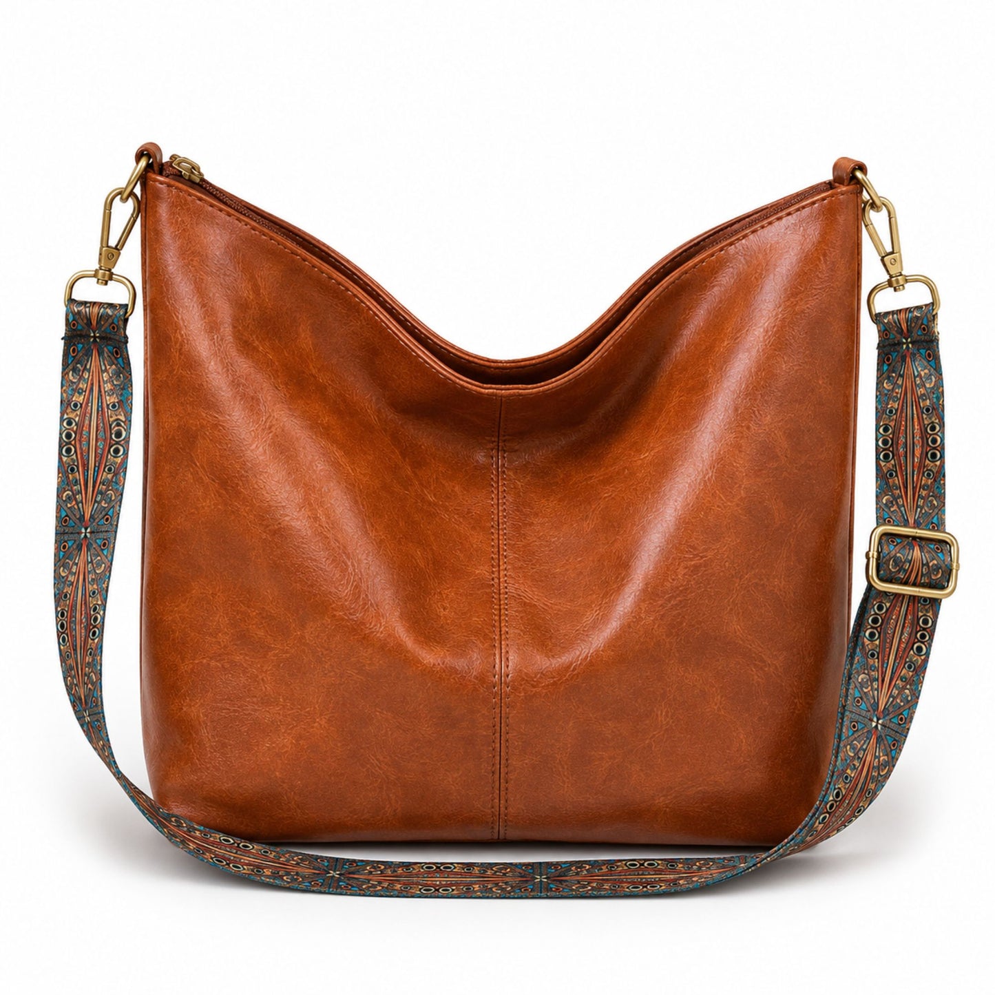 Faux Leather Hobo Shoulder Bag with Adjustable Wide Strap and Zipper Pockets