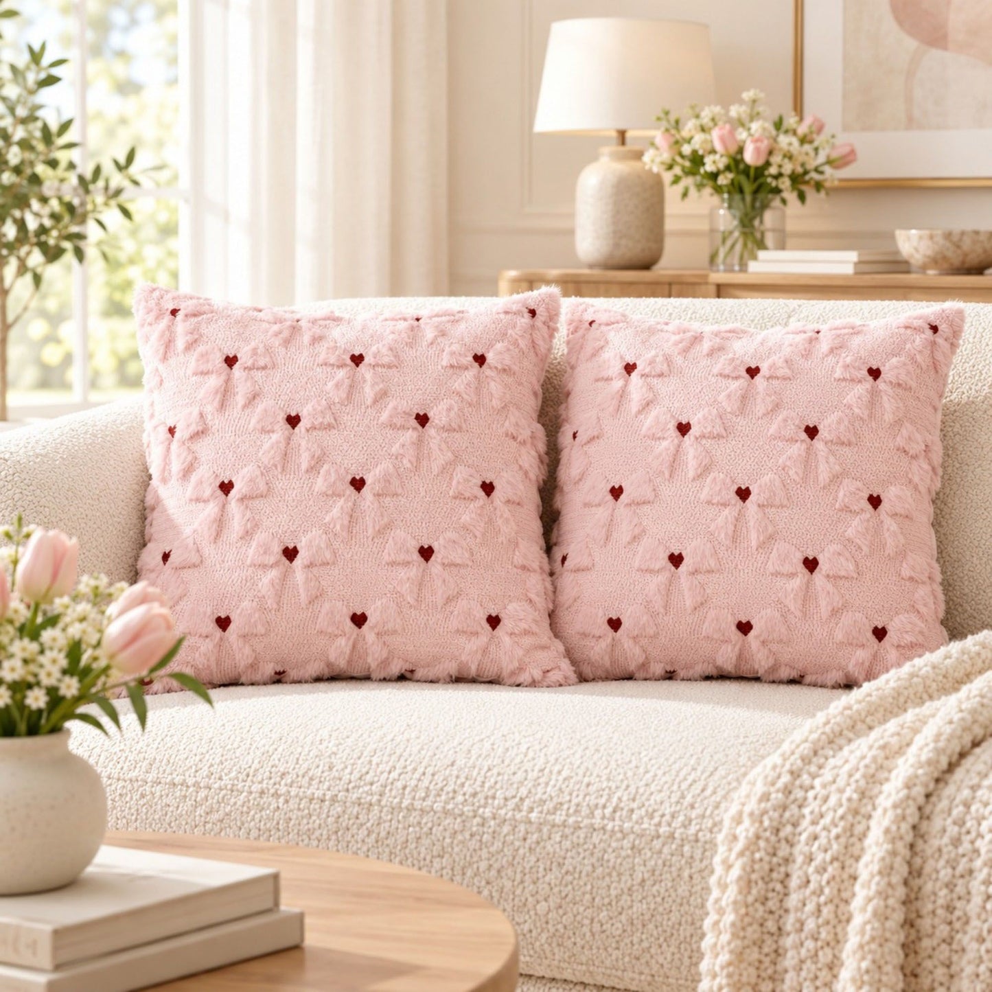 2 Pack Tufted Bow Heart Decorative Throw Pillow Covers Soft Textured Cushion Covers