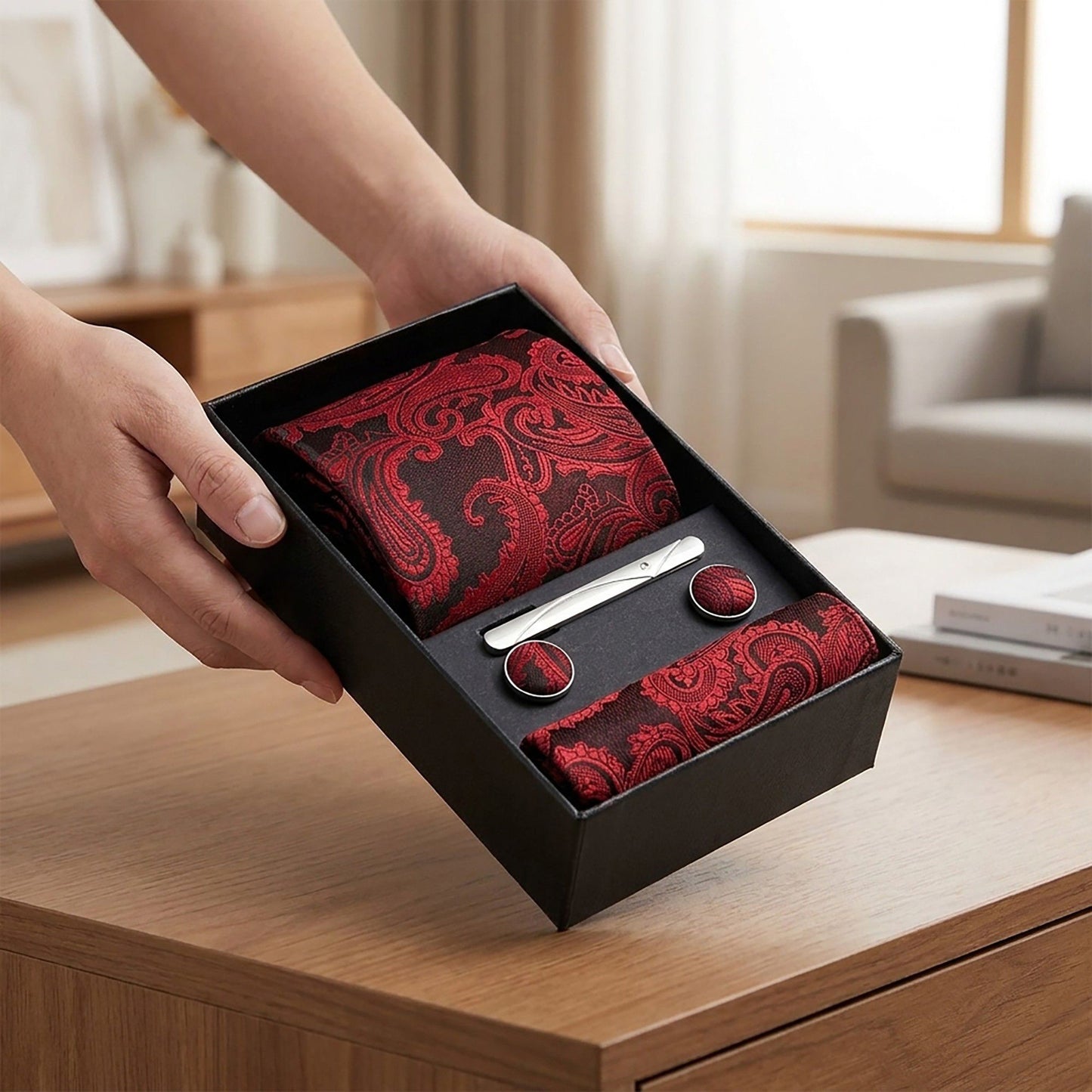 Men's Floral Print Tie Gift Set with Matching Pocket Square Cufflinks and Silver Tie Clip