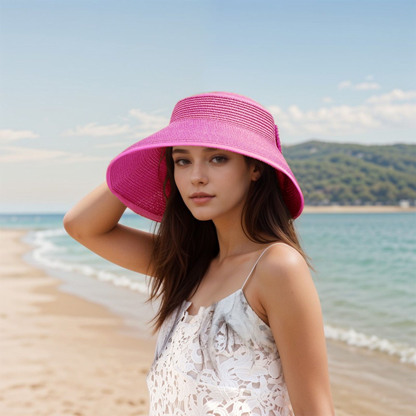 Women's Wide Brim Visor Hat with Bow Detail Adjustable Velcro Closure for Beach or Outdoor Protection