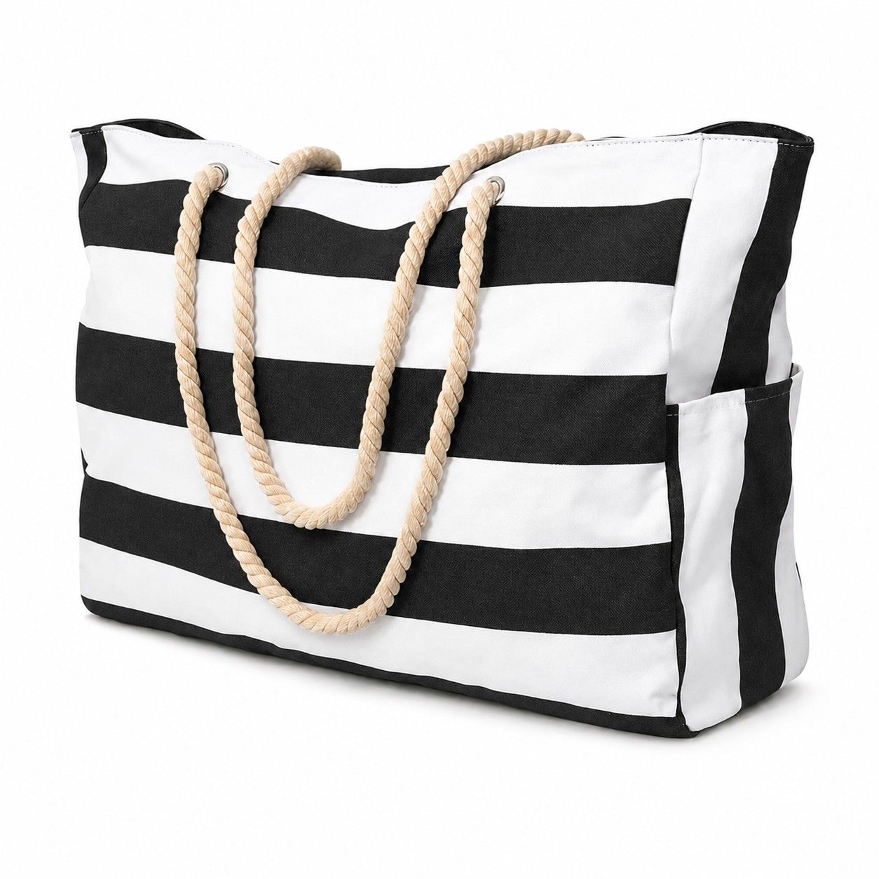 Striped Beach Tote Bag with Zip Closure Rope Handles and Side Pockets