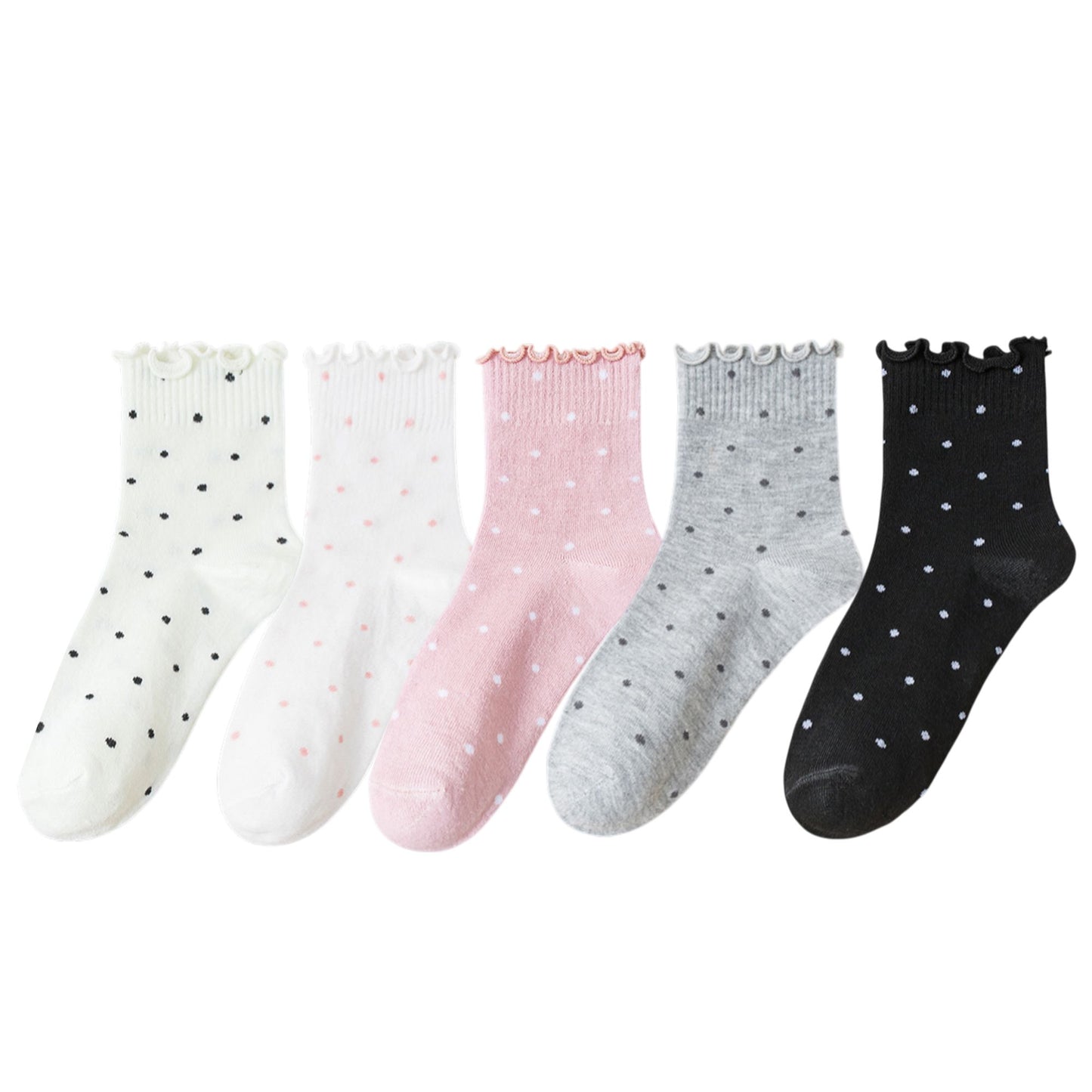 Polka Dot Ankle Socks Set Soft Cotton Blend Ruffle Trim Cuff Multiple Color Combos 5 Pairs