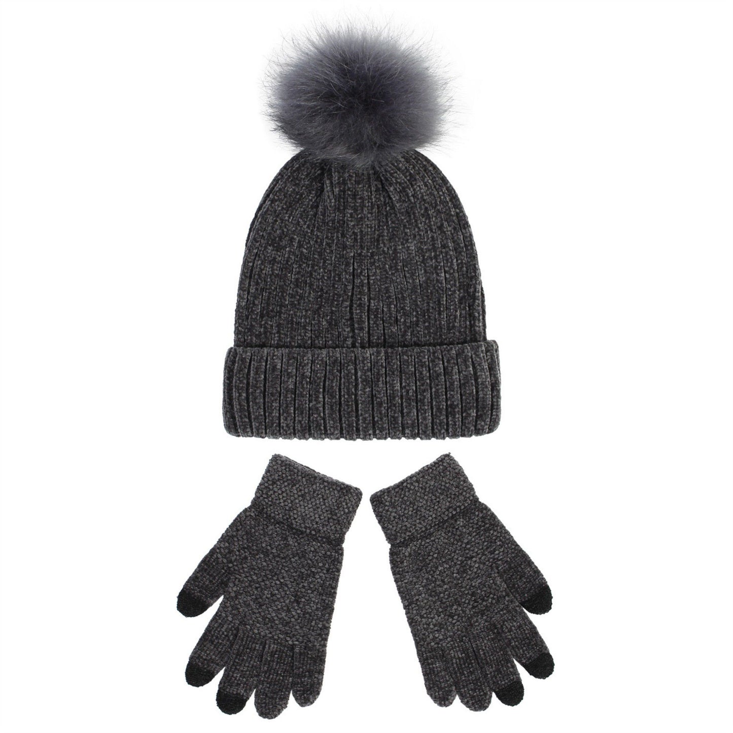 Knit Beanie and Touchscreen Gloves 2-Piece Winter Accessory Set with Ribbed Cuff Design and Fluffy Pom Pom Detail