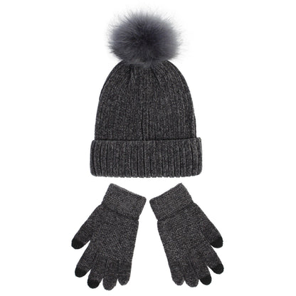 Knit Beanie and Touchscreen Gloves 2-Piece Winter Accessory Set with Ribbed Cuff Design and Fluffy Pom Pom Detail