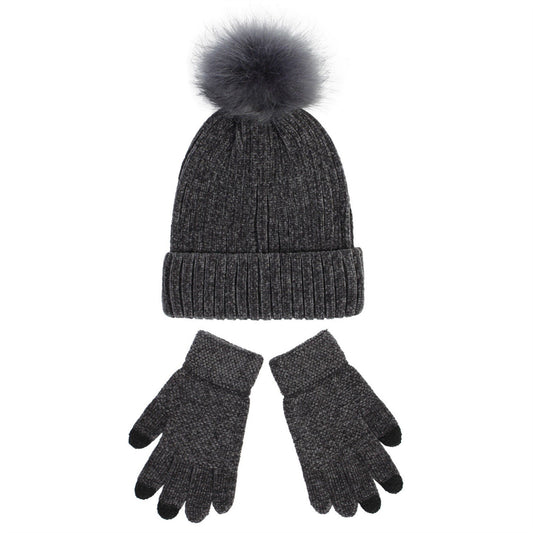 Knit Beanie and Touchscreen Gloves 2-Piece Winter Accessory Set with Ribbed Cuff Design and Fluffy Pom Pom Detail