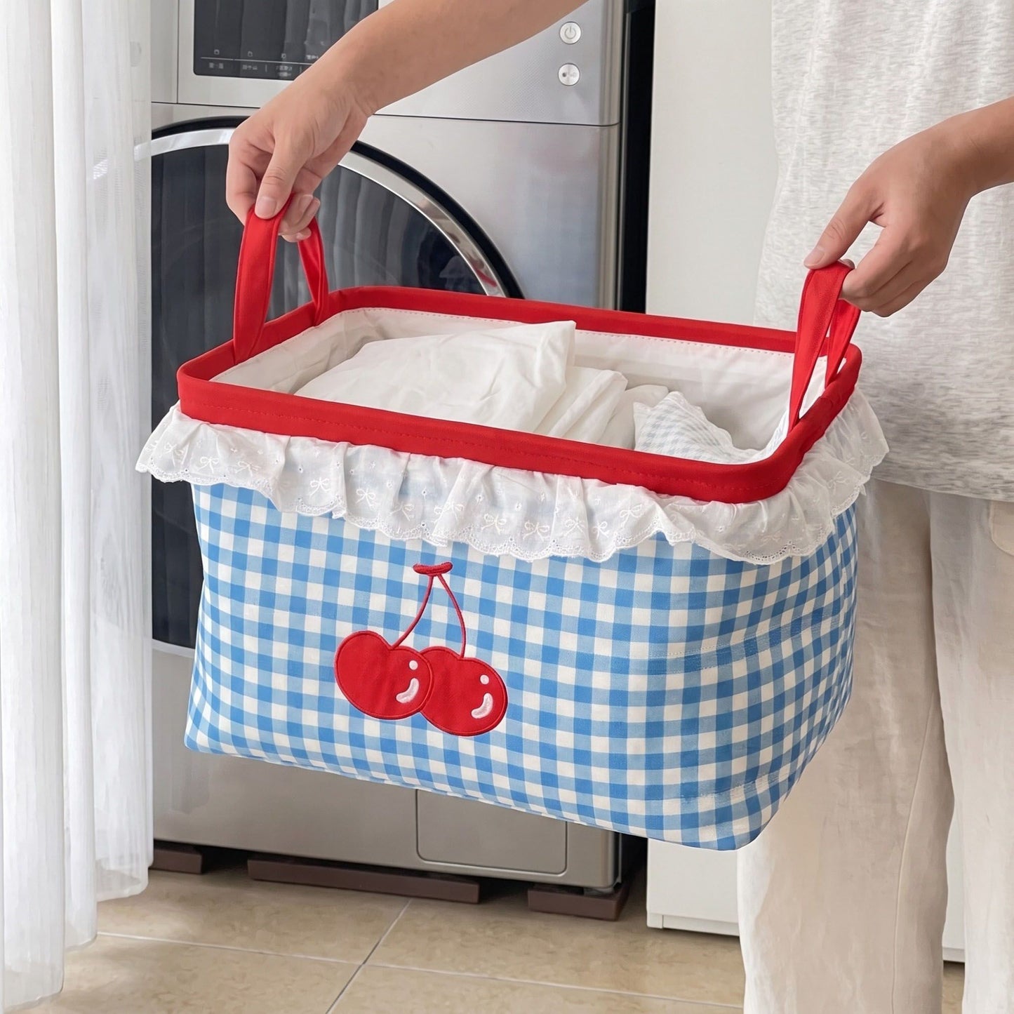 Cherry Embroidered Gingham Rectangular Storage Bin with Lace Ruffle & Handles