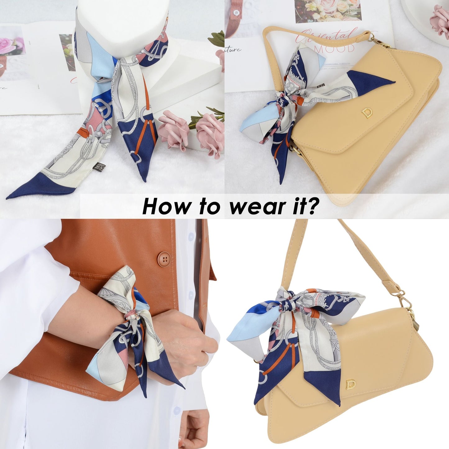 100% Mulberry Silk Versatile Scarf Ribbon Head Hair Handbag Purse Neckerchief Skinny Scarf Belt for Women 3.86 x 1.97 inch