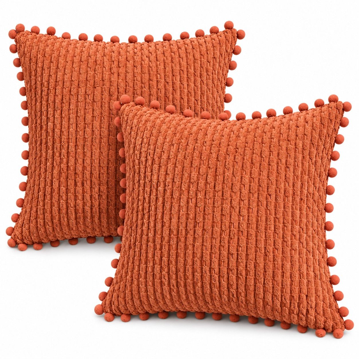 2 Pack Double Sided Corduroy Throw Pillow Covers 18 x 18 Inch with Pom Pom Trim