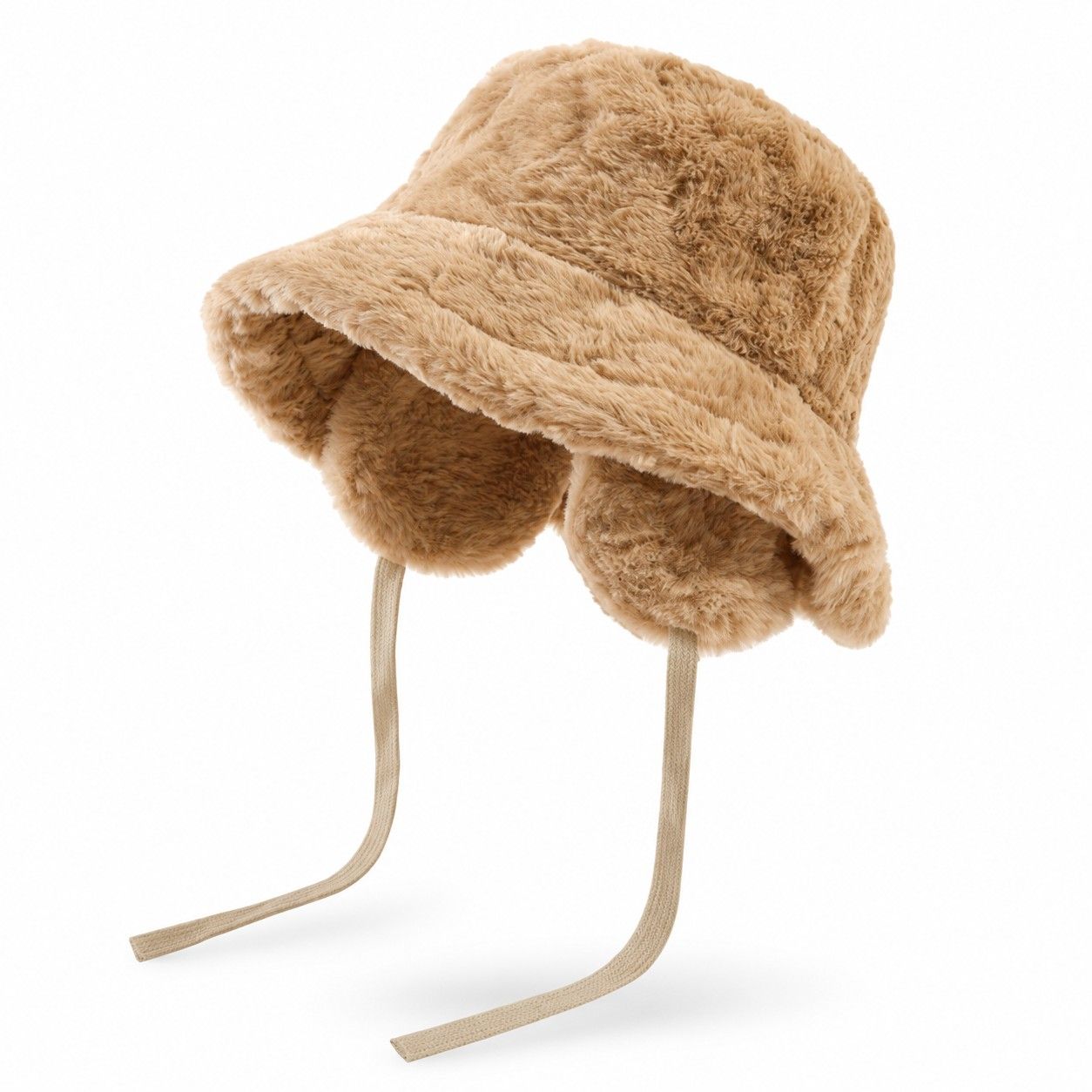 Plush Bucket Hat Removable Ear Flaps Tie Straps Fuzzy Winter Hat