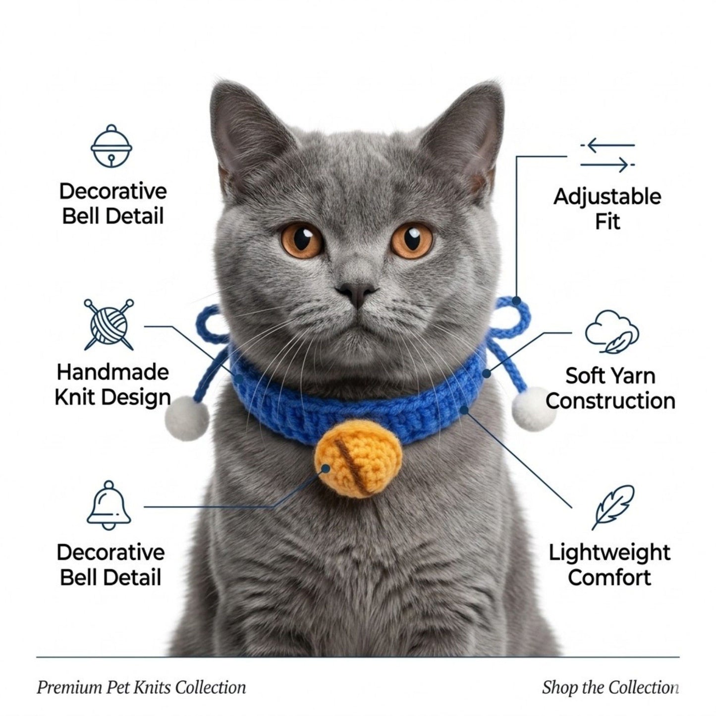 Hand Knit Pet Collar with Soft Crochet Bell Adjustable Silent Collar Necklace for Cats and Small Dogs