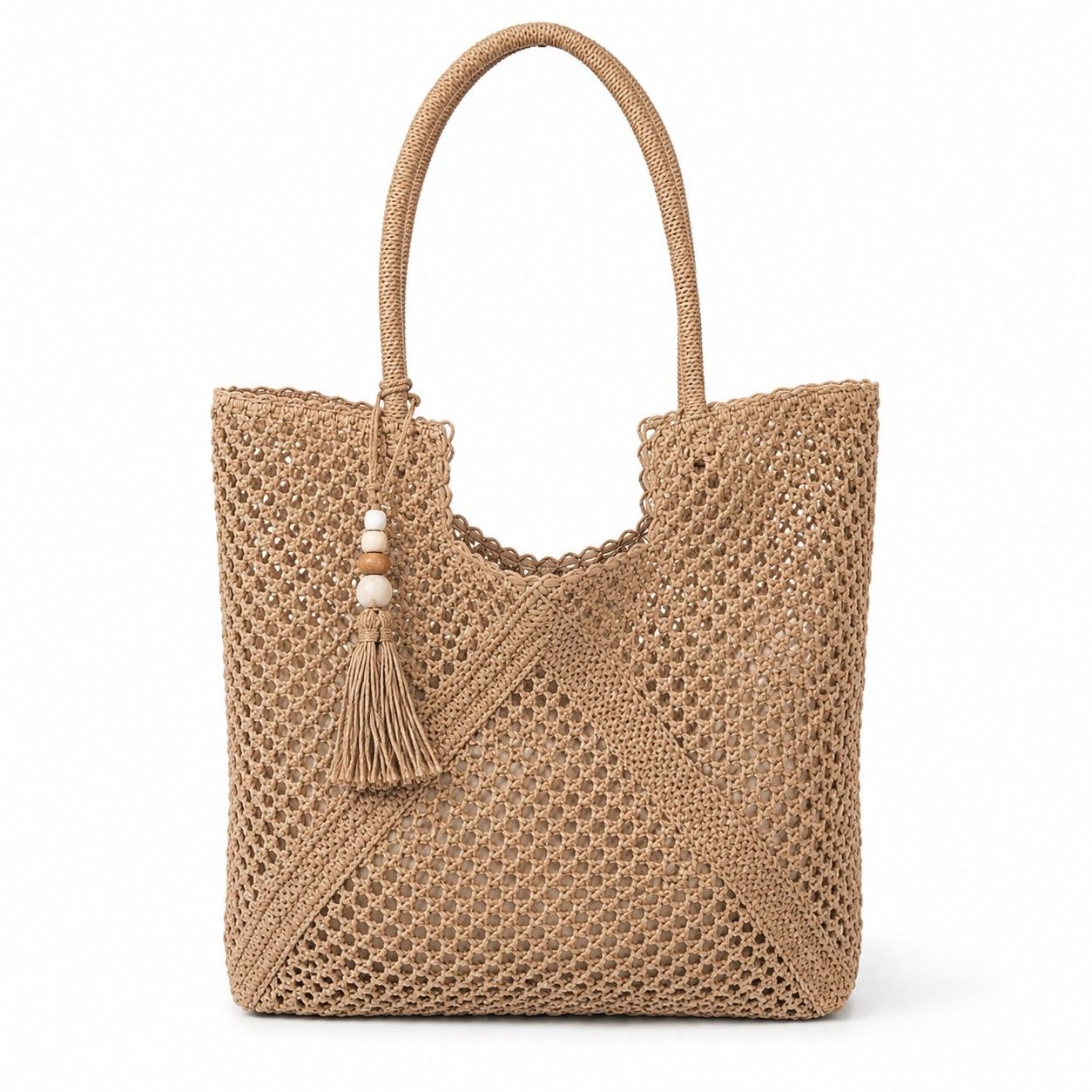 Open Weave Beach Tote Bag with Zip Closure Rope Handles and Tassel Accent
