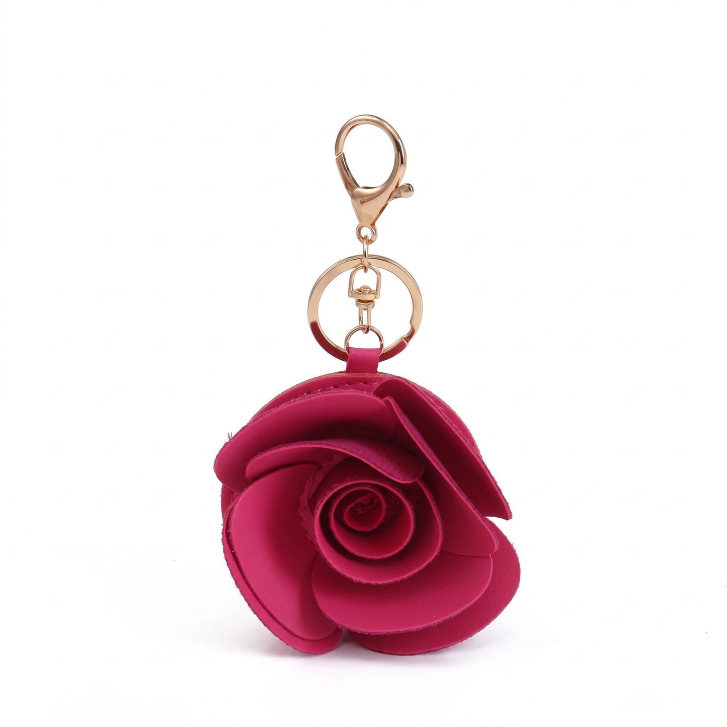 Dark Pink Rose Flower Bag Charm with Gold Tone Dual Clip