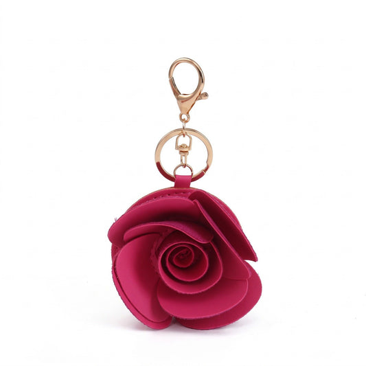 Dark Pink Rose Flower Bag Charm with Gold Tone Dual Clip