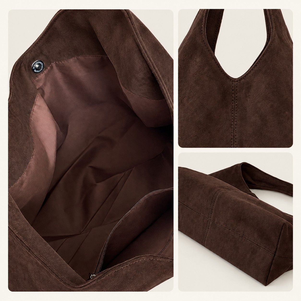 Large Faux Suede Hobo Shoulder Bag with Magnetic Closure and Interior Zip Pocket