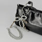 Pearl Bow Chain Bag Charm with Leopard Ribbon Layered Silver Tone Clips for Bags and Jeans