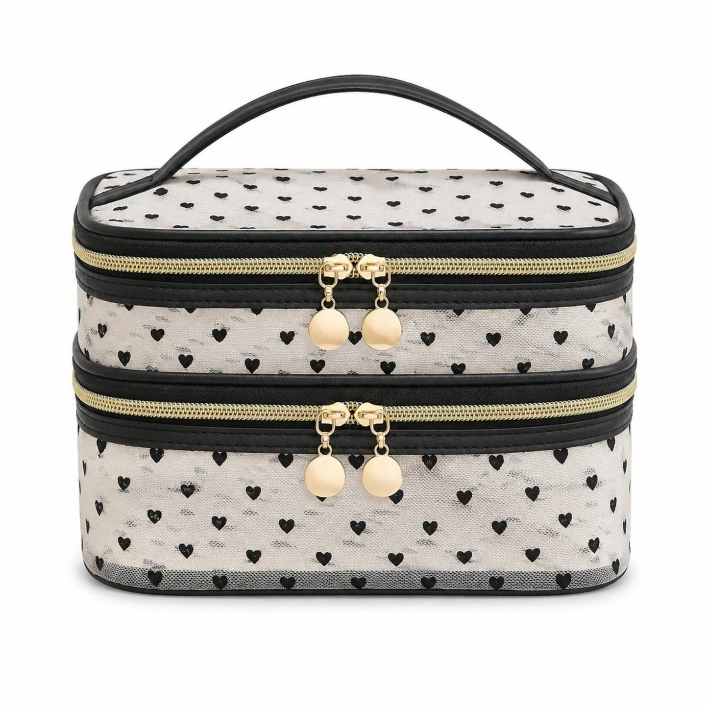 Two-Tier Cosmetic Organizer Bag with Heart Print Mesh Panels Gold Zippers and Carry Handle