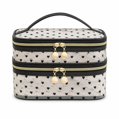 Two-Tier Cosmetic Organizer Bag with Heart Print Mesh Panels Gold Zippers and Carry Handle