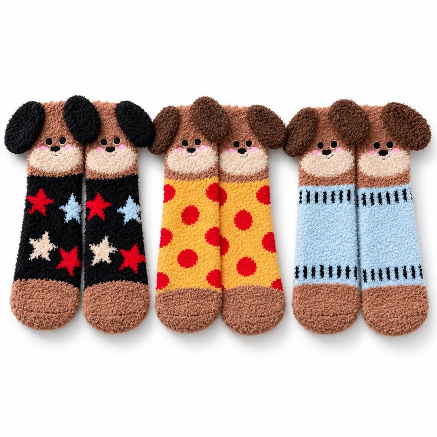 Puppy Fuzzy Crew Socks 3-Pair Set US 5-10.5