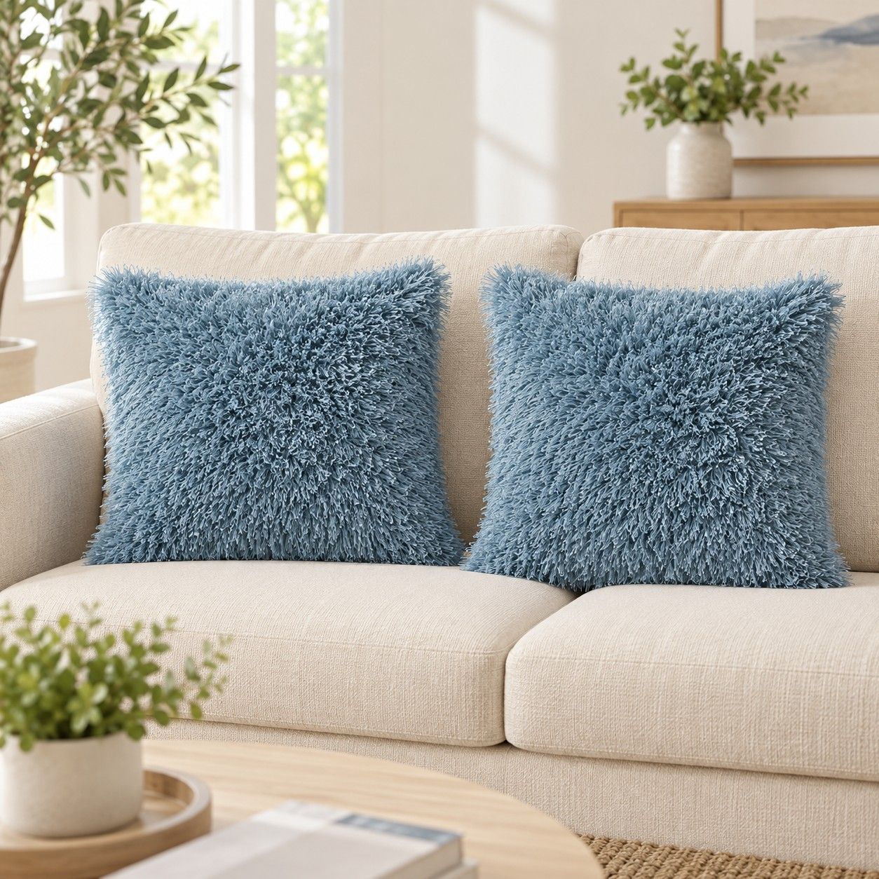 2 Pack Shaggy Faux Fur Throw Pillow Covers 18 x 18 Inch for Couch Sofa and Bed