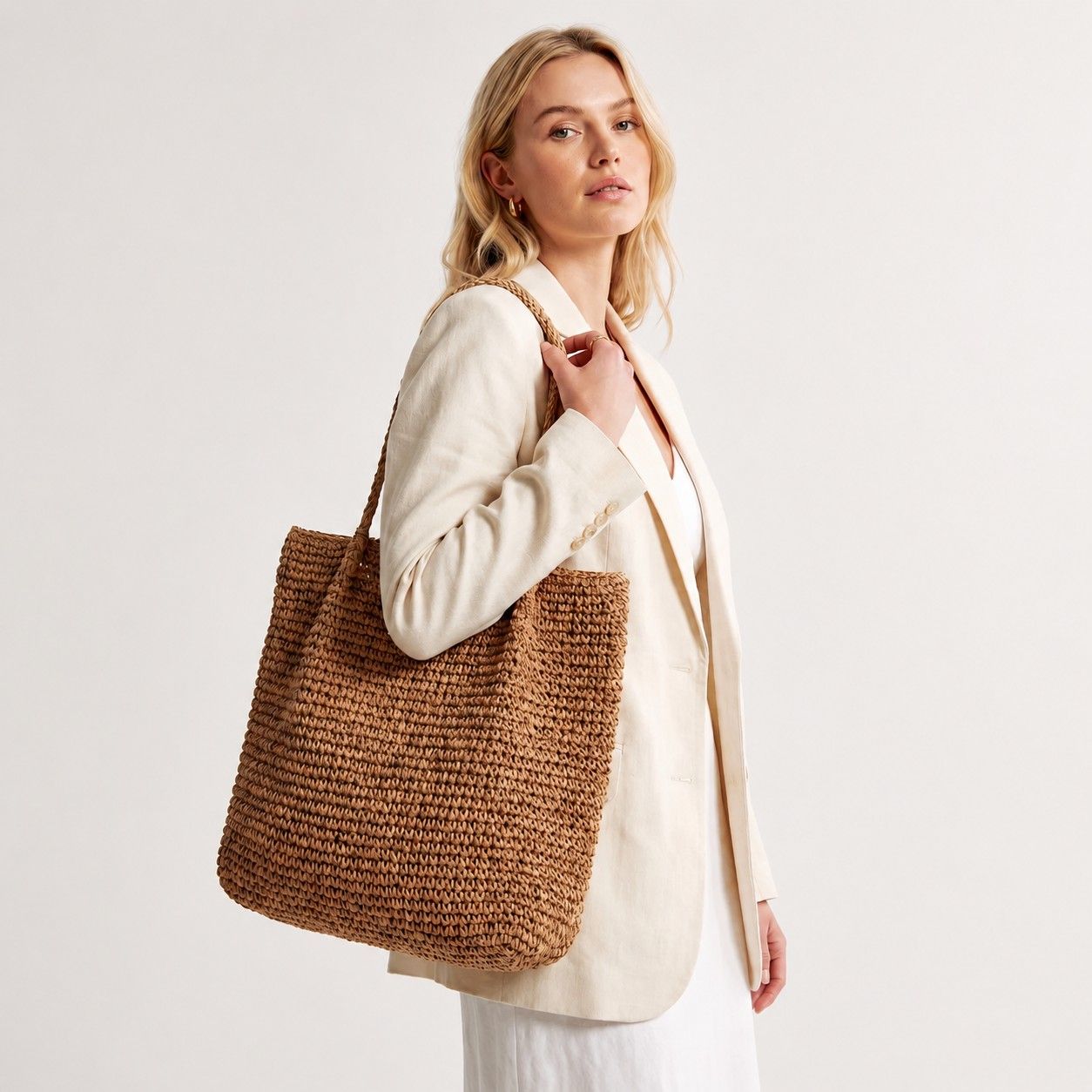 Soft Woven Shoulder Tote Bag with Zip Top and Double Shoulder Handles