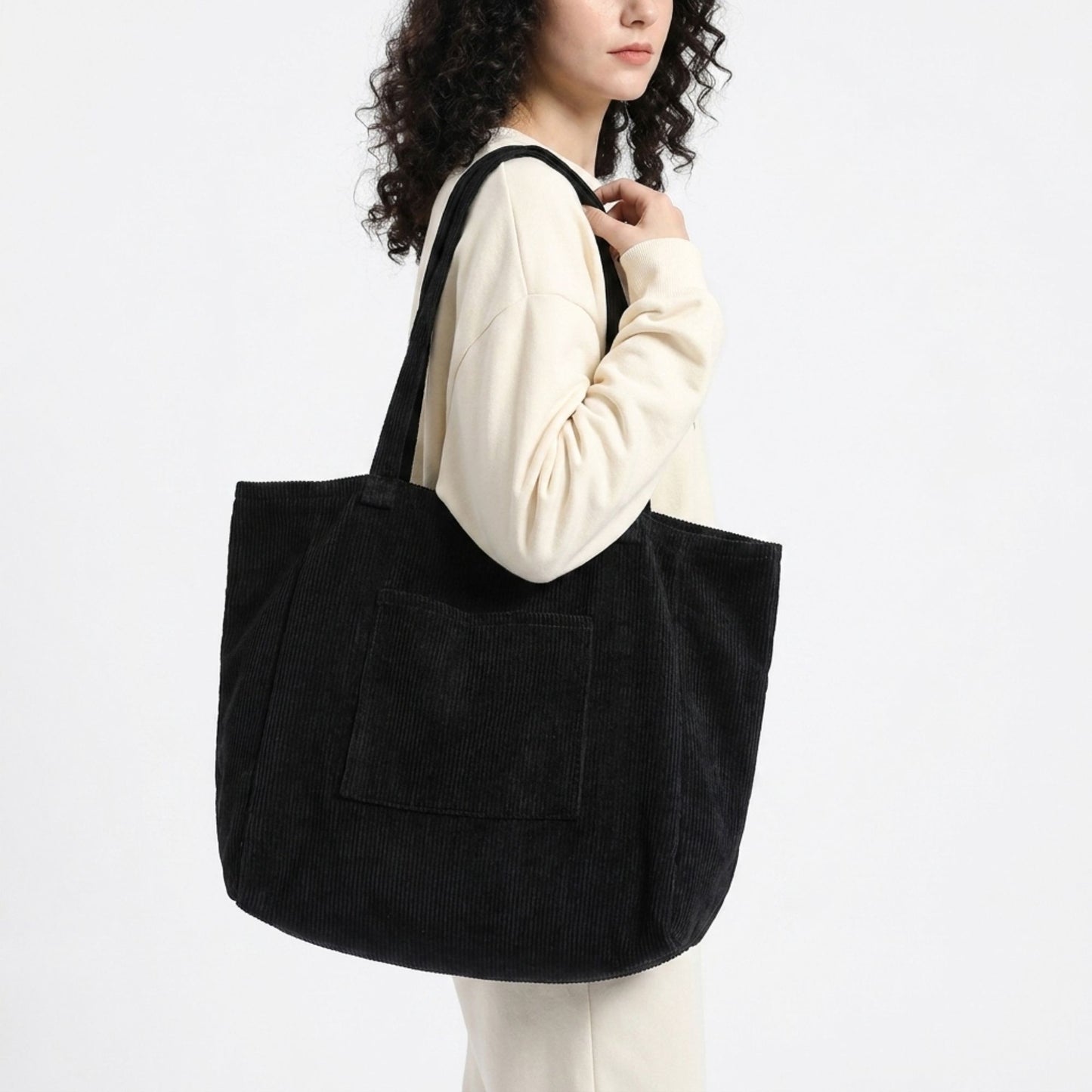 Corduroy Tote Bag Large Capacity Shoulder Bag with Front Pocket