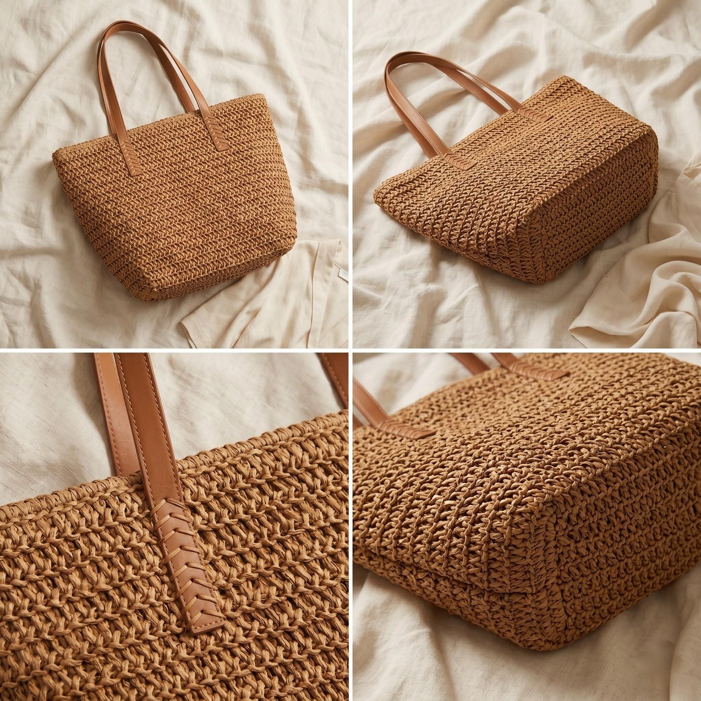 Woven Straw Tote Bag with Leather Shoulder Straps Lightweight Crochet Knit Large Capacity Bag