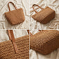 Woven Straw Tote Bag with Leather Shoulder Straps Lightweight Crochet Knit Large Capacity Bag