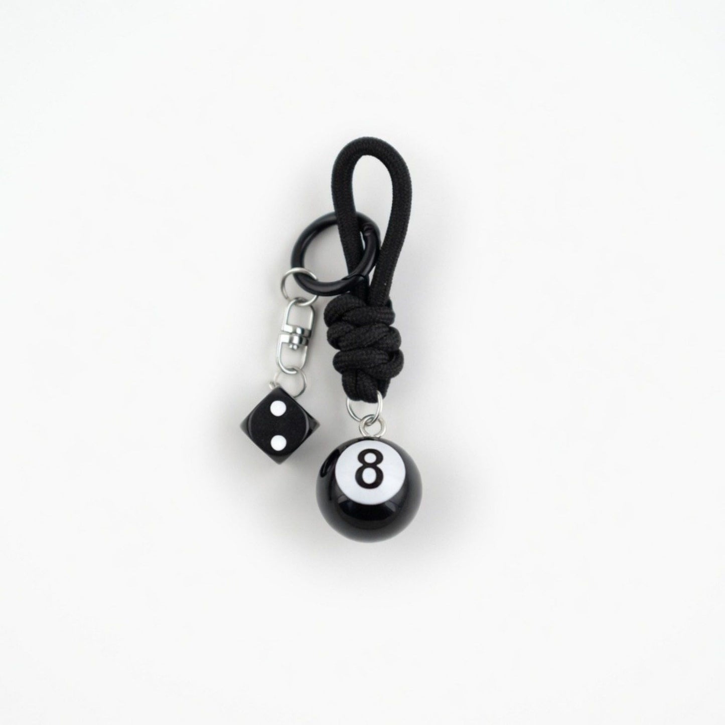 Eight Ball Dice Keychain with Rope Loop Charm Beaded Key Ring Accessory