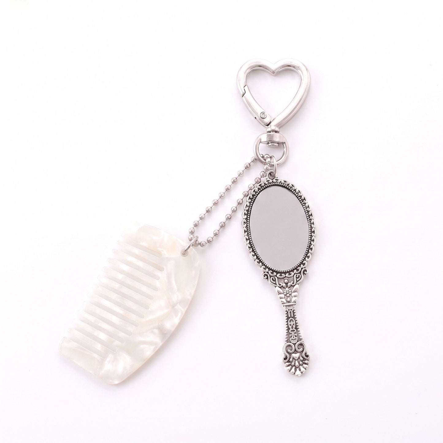 Mirror and Mini Comb Keychain Bag Charm with Heart Clip