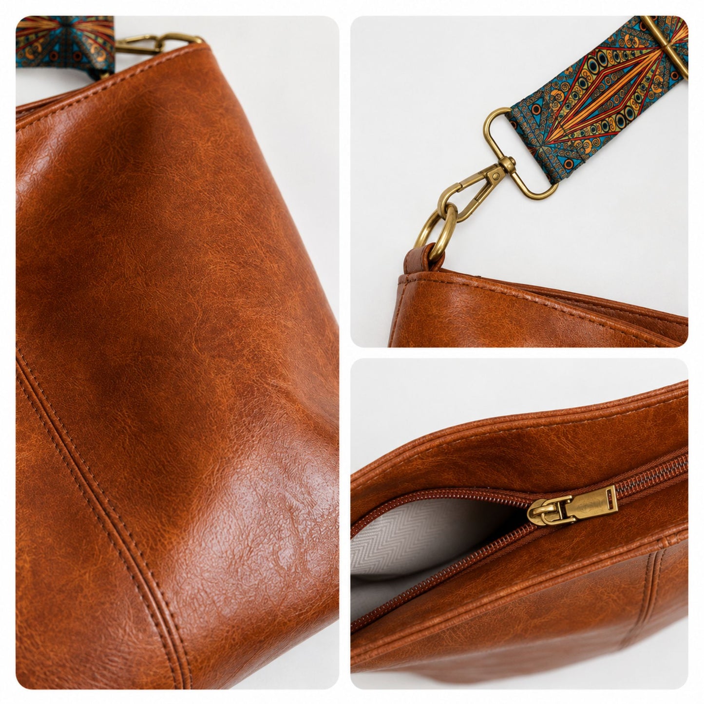 Faux Leather Hobo Shoulder Bag with Adjustable Wide Strap and Zipper Pockets