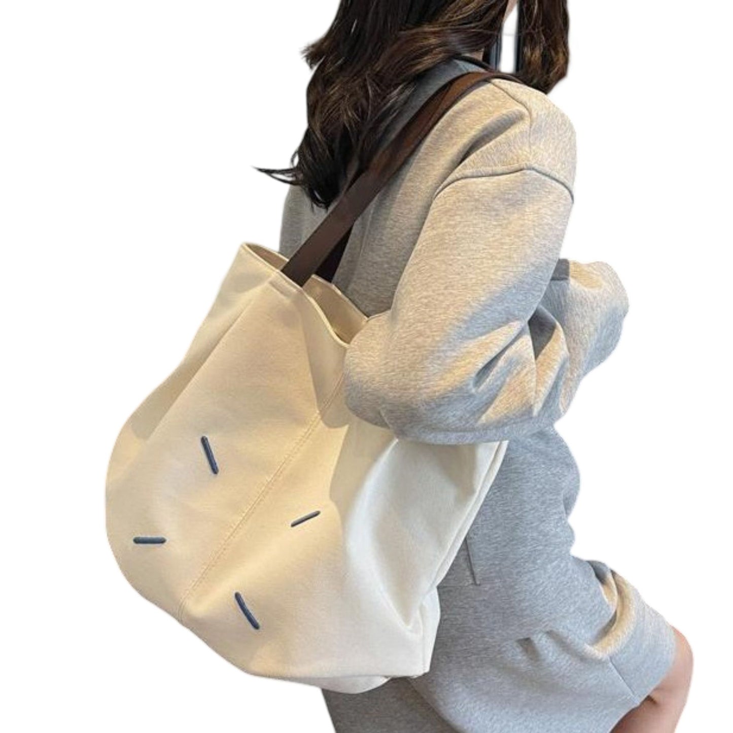 Canvas Tote Bag with Contrast Handles and Decorative Stitch Detail