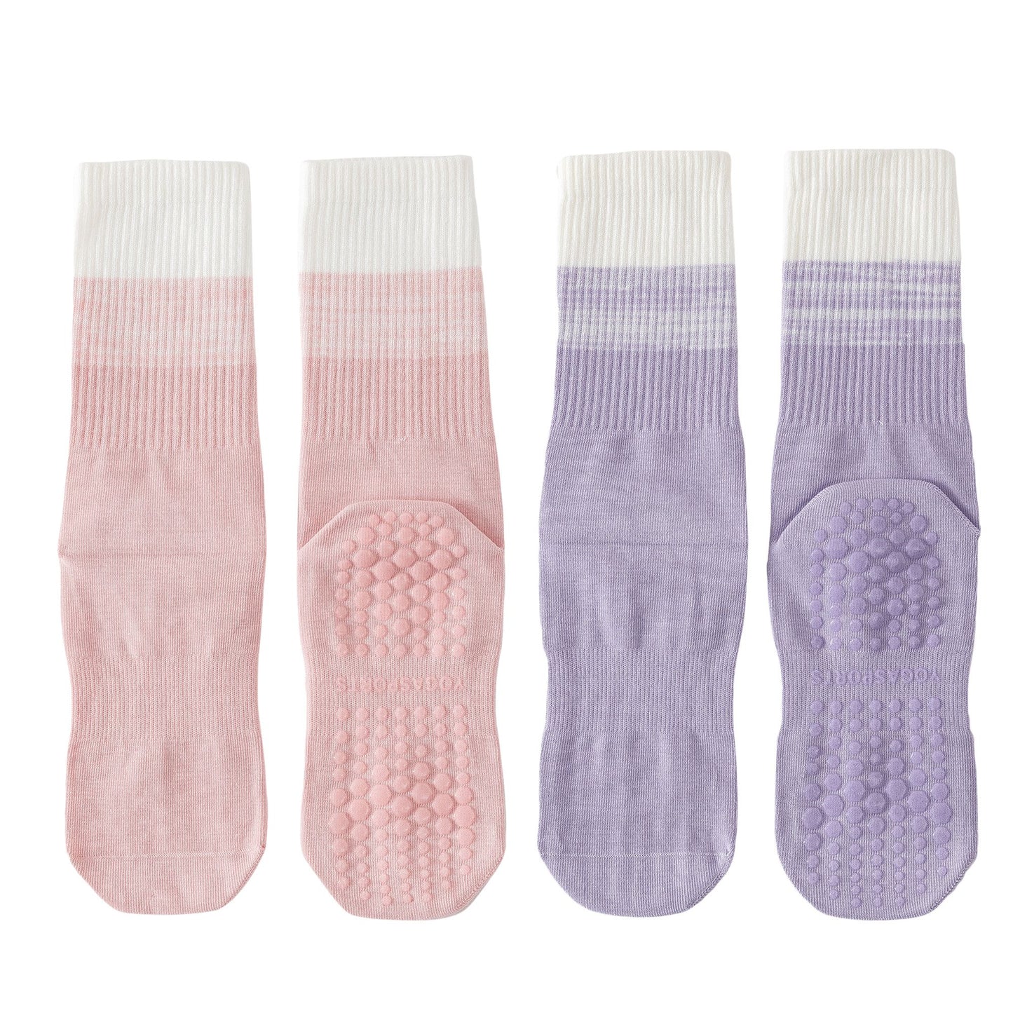 2-Pair Set Gradient Mid-Calf Grip Socks with Soft Seamless Toe and Anti-Slip Bottom for Yoga or Sneakers