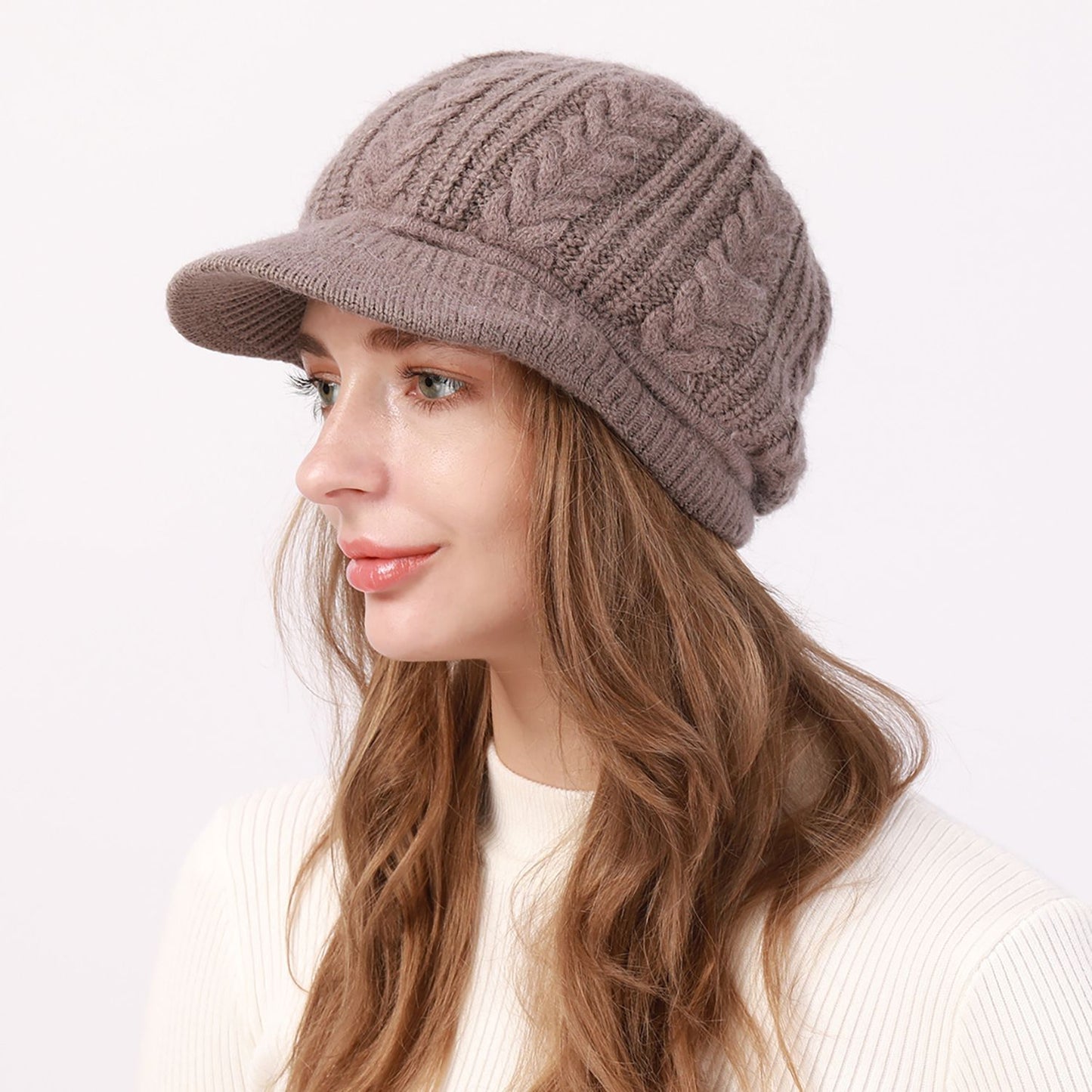 Cable Knit Brim Beanie Faux Fur Lined Warm Winter Hat
