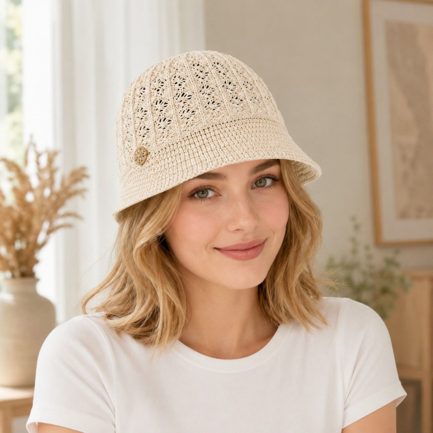 Crochet Knit Bucket Hat with Open Weave Crown and Soft Short Brim