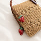 Crochet Crossbody Bag with Strawberry Charm, Adjustable Strap and Zip Closure