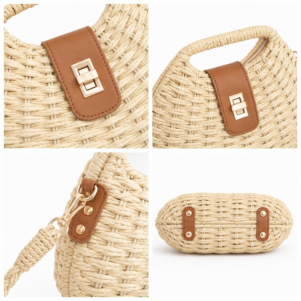 Round Woven Top Handle Crossbody Bag with Button Closure and Chain Strap