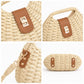 Round Woven Top Handle Crossbody Bag with Button Closure and Chain Strap