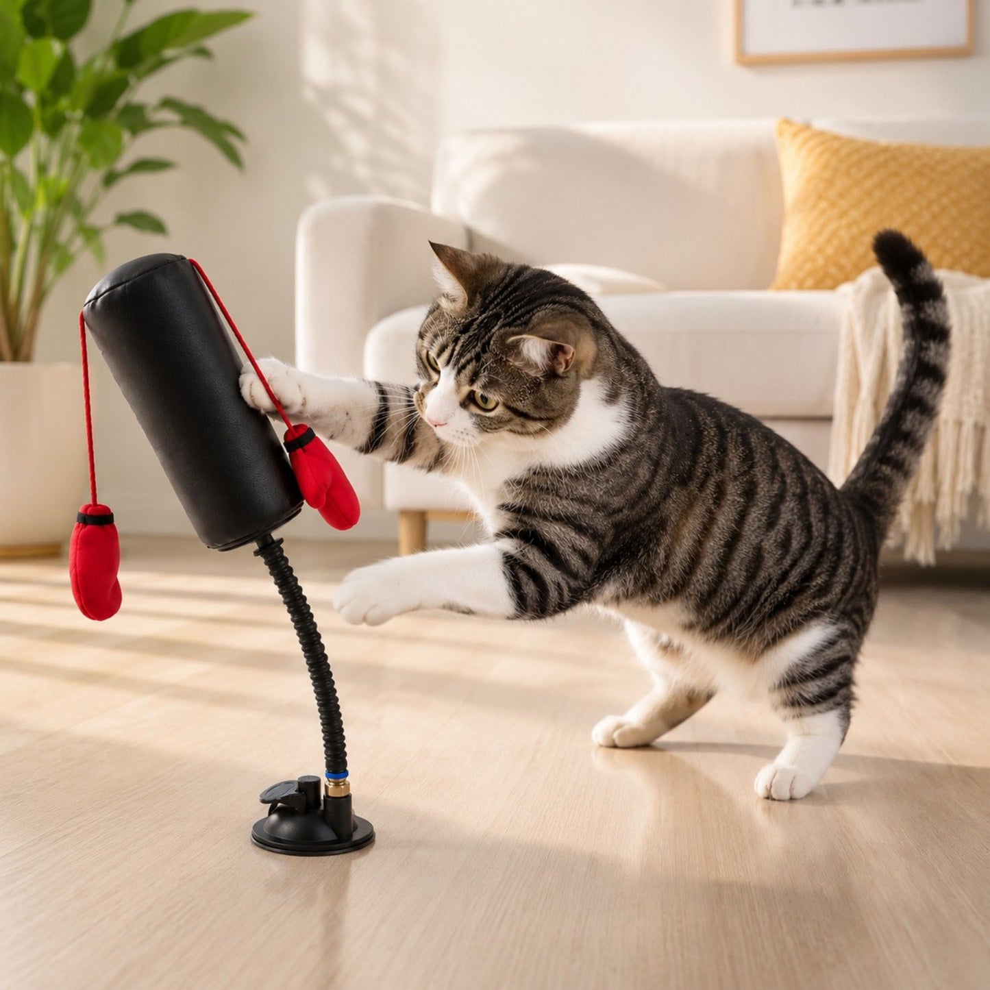Interactive Cat Boxing Toy with Suction Cup Base, Spring Rebound Punching Bag and Hanging Gloves