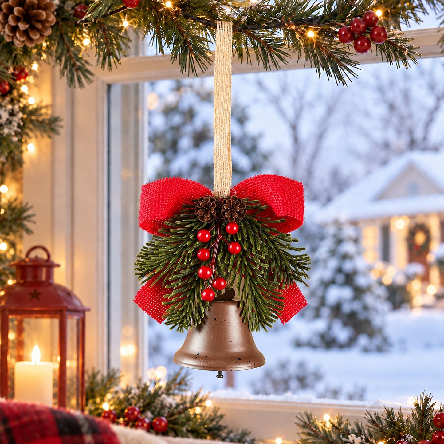Christmas Bell Ornament with Bow Pinecones Berries and Greenery
