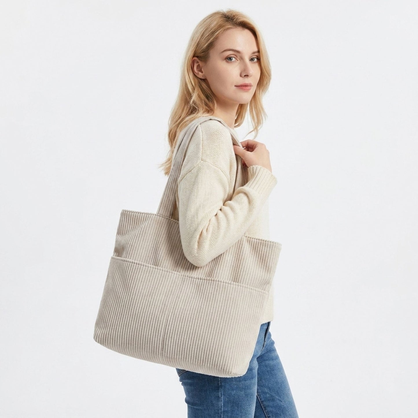 Corduroy Tote Bag Large Capacity Shoulder Bag with Front Pocket and Zipper Closure