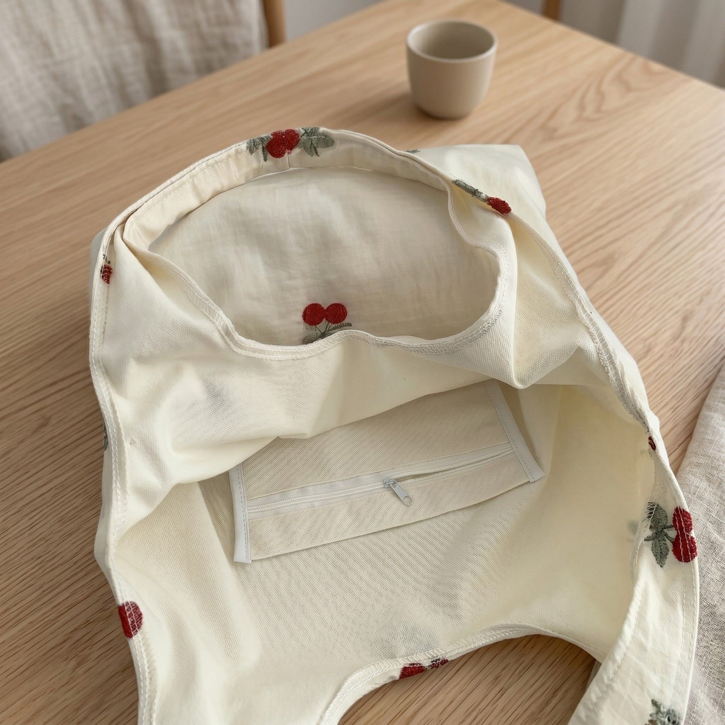 Cherry Embroidered Slouchy Shoulder Tote Bag Soft Lightweight Fabric Everyday Carryall86