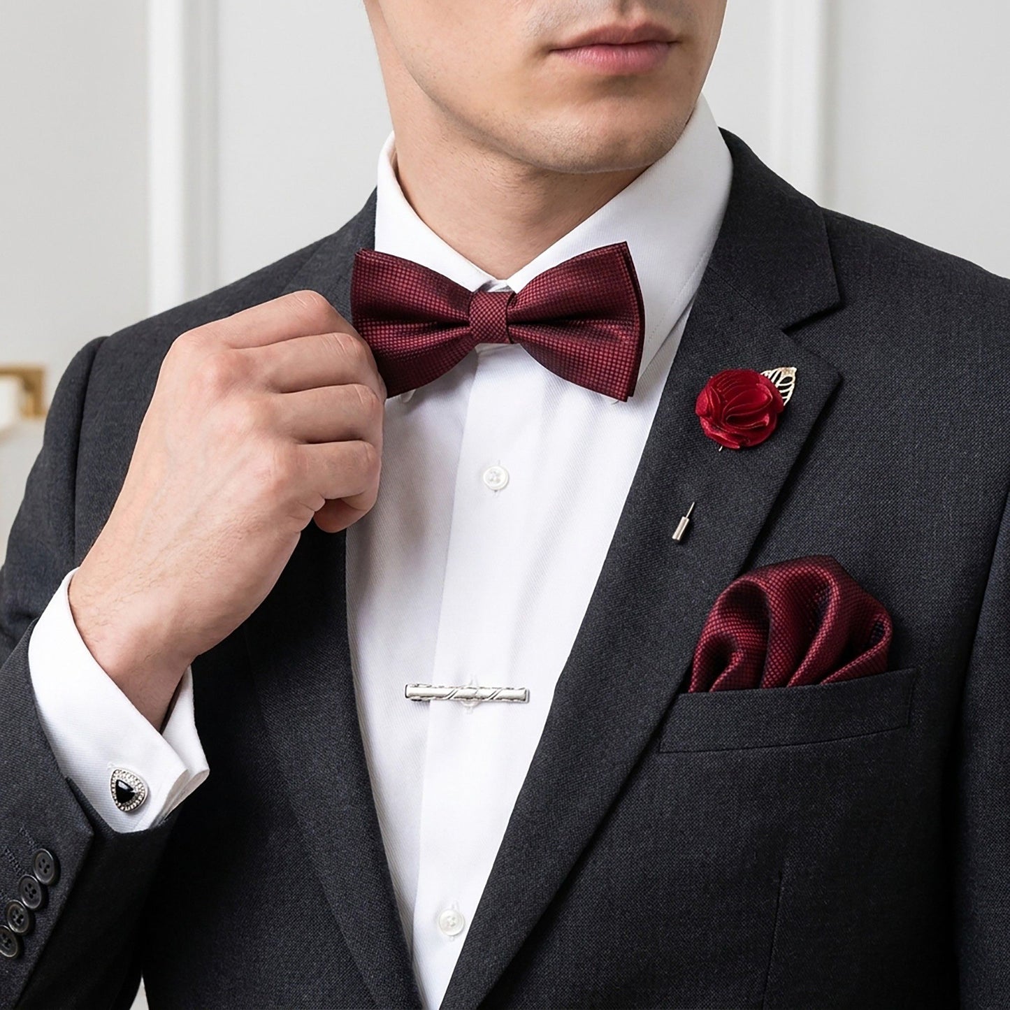 Men's Micro Grid Pattern Bow Tie Gift Set Pre-Tied Bowtie Pocket Square Cufflinks Tie Clip Formal Accessory Set
