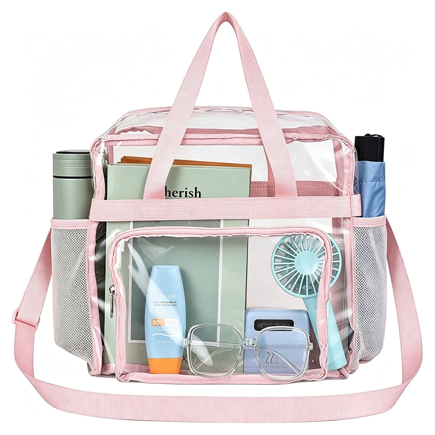 Clear Tote Bag with Exterior Mesh Pockets, Double Top Handles and Removable Adjustable Shoulder Strap