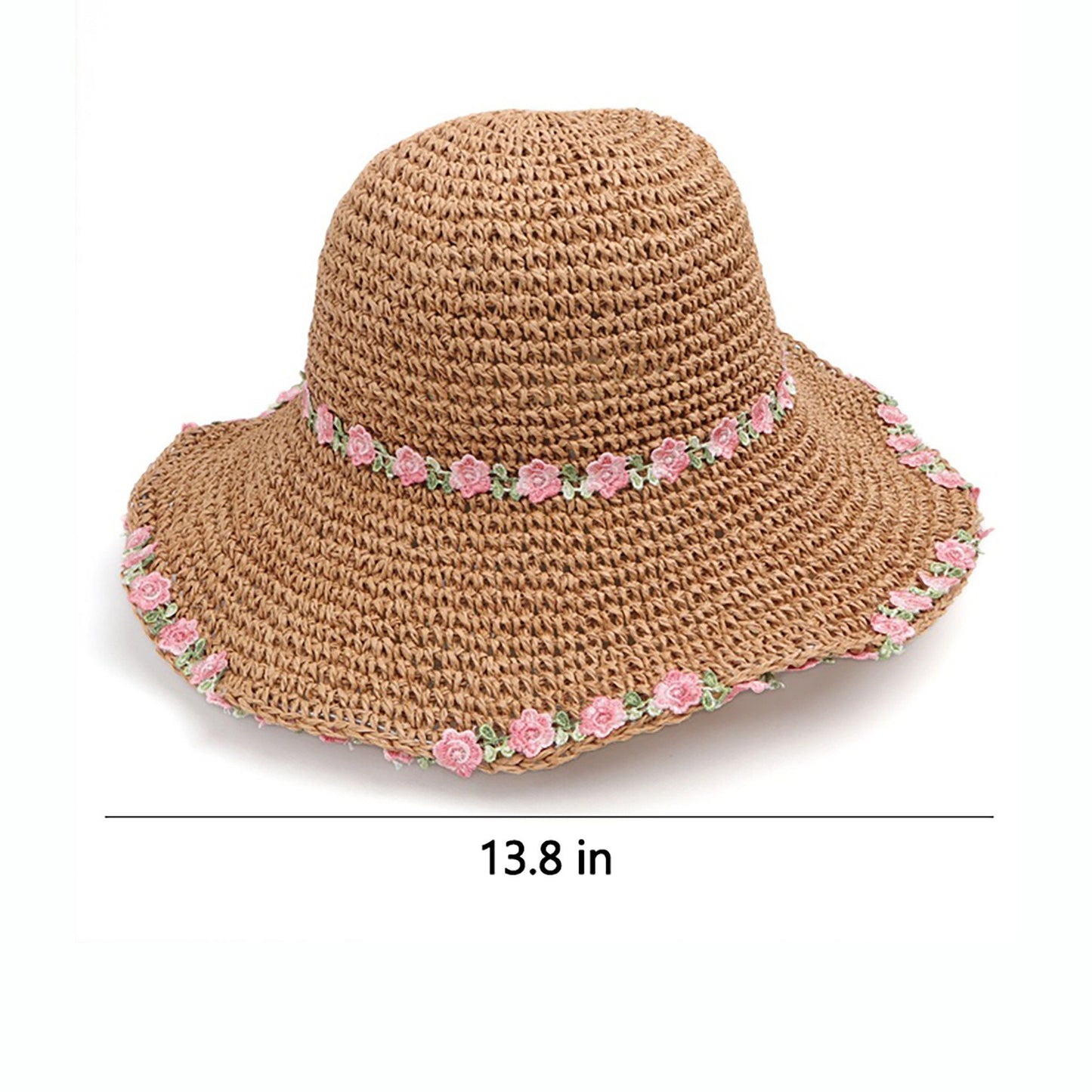Crochet Bucket Sun Hat with Floral Embroidery and Wavy Brim Design