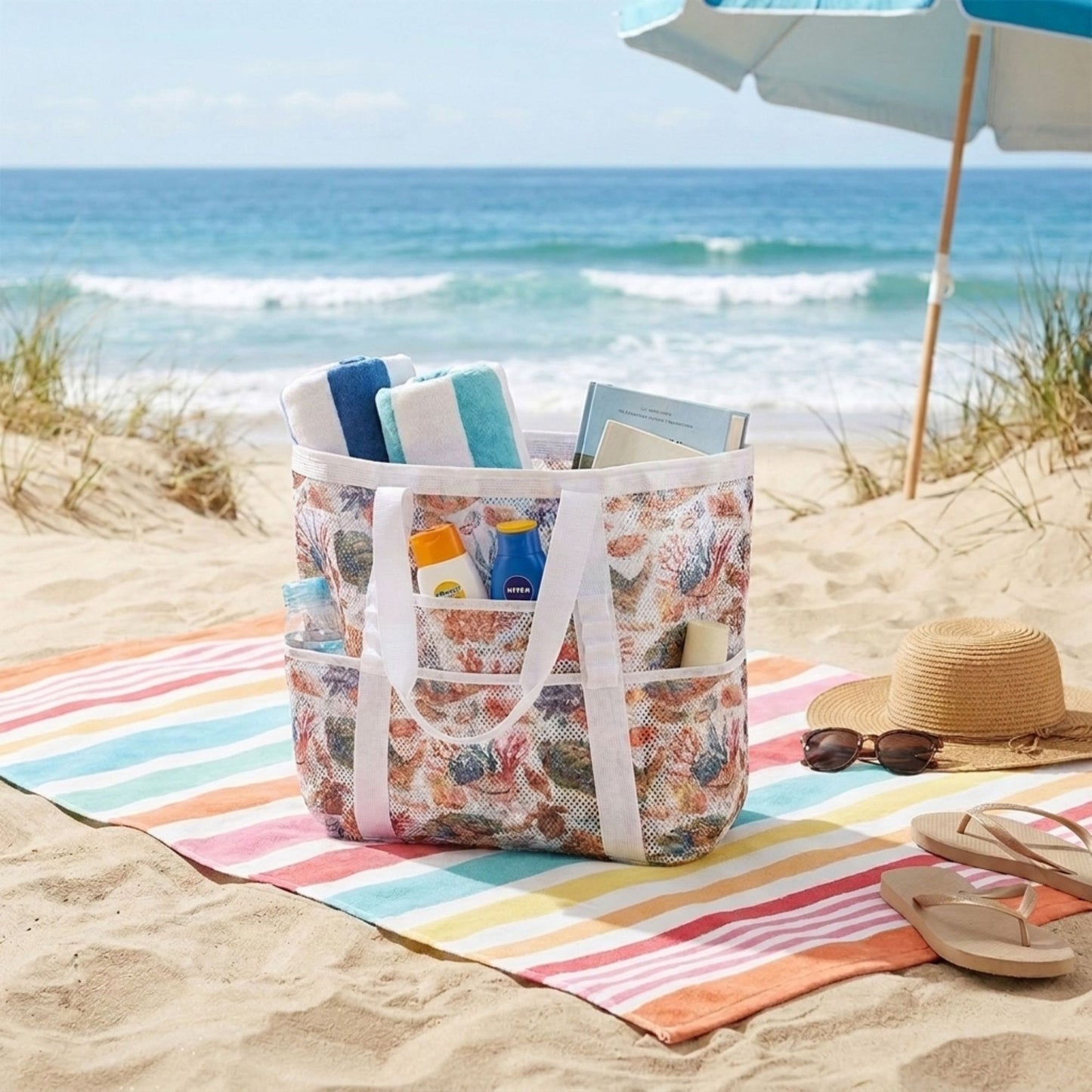 Mesh Beach Tote Bag with Beach Themed Print and Shoulder Handles