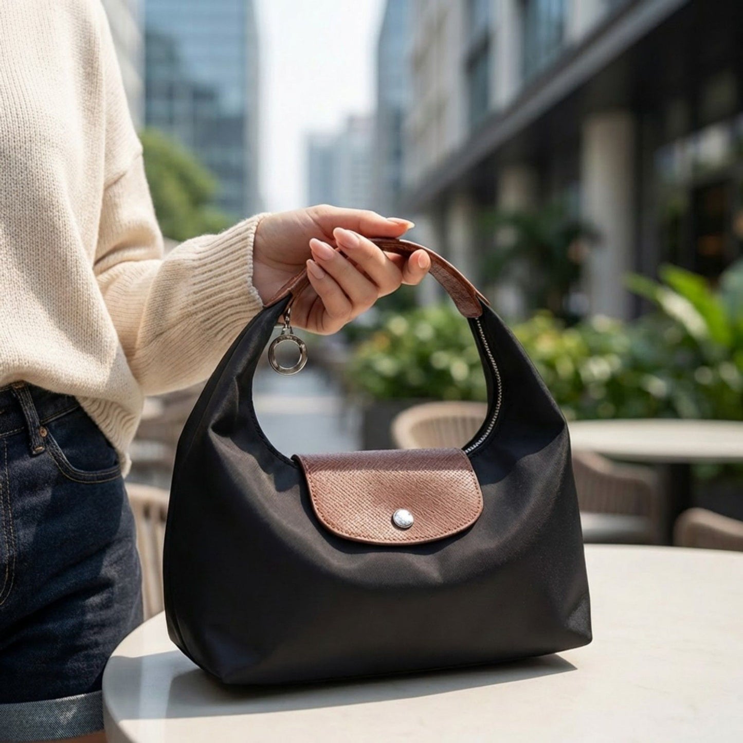 Nylon Mini Hobo Shoulder Bag with Snap Flap Closure and Compact Crescent Silhouette